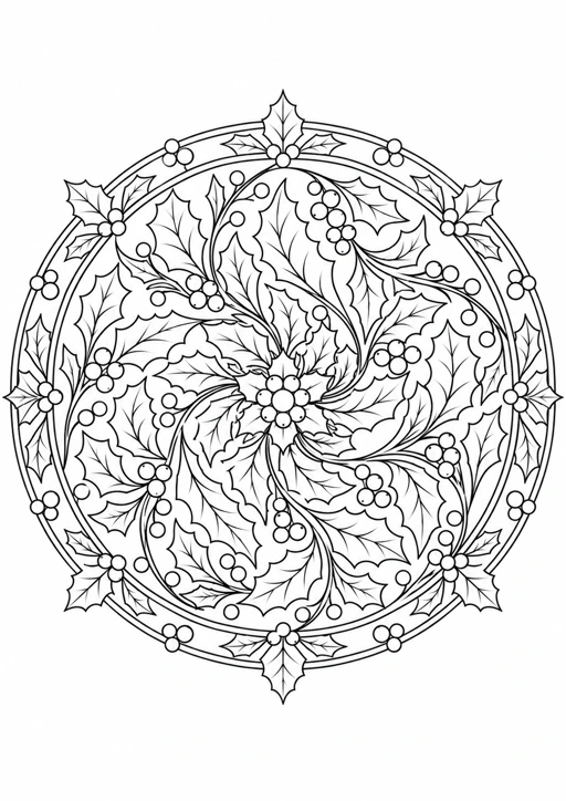 Mandala houx et baies : dessin en noir et blanc à colorier
