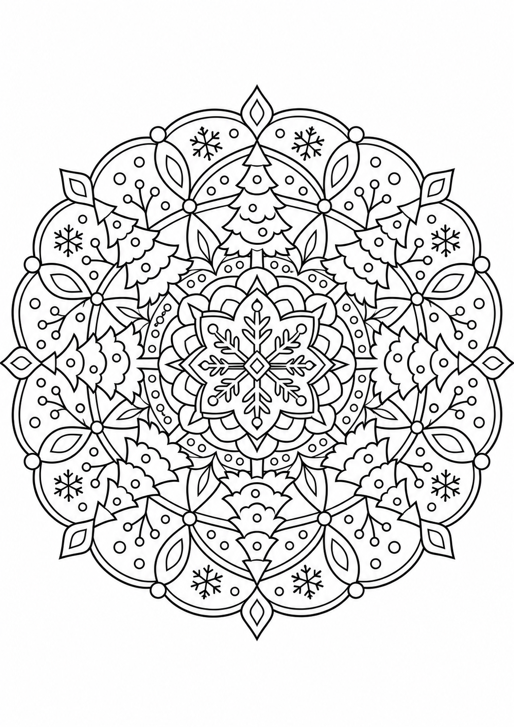 Mandala petits sapins : dessin en noir et blanc à colorier