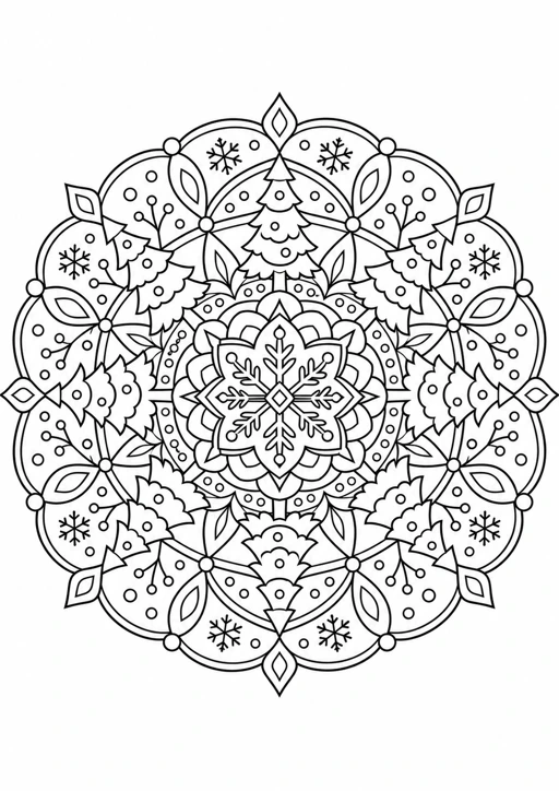 Mandala petits sapins : dessin en noir et blanc à colorier