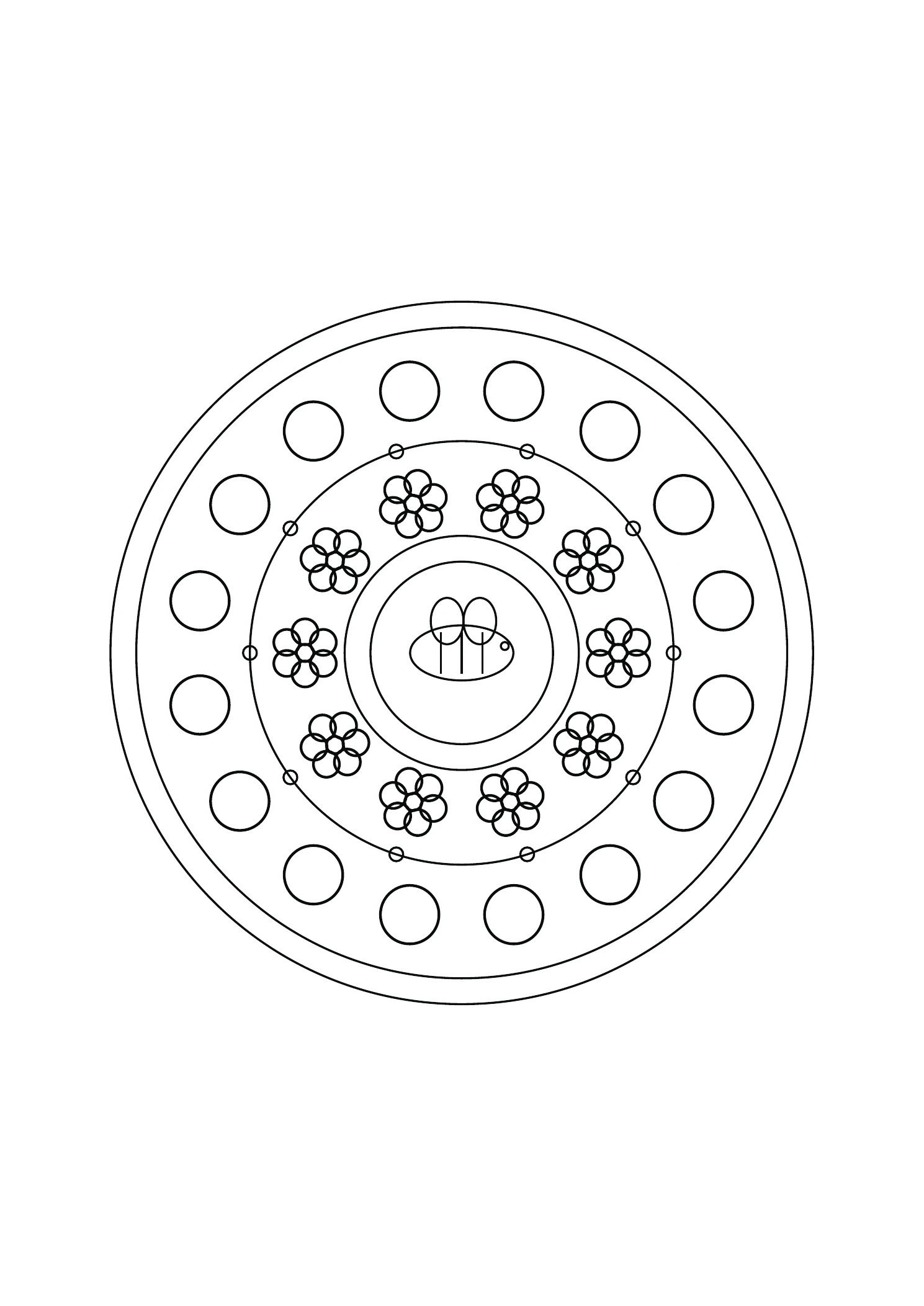 Mandala abeille et étoiles : dessin noir et blanc à colorier