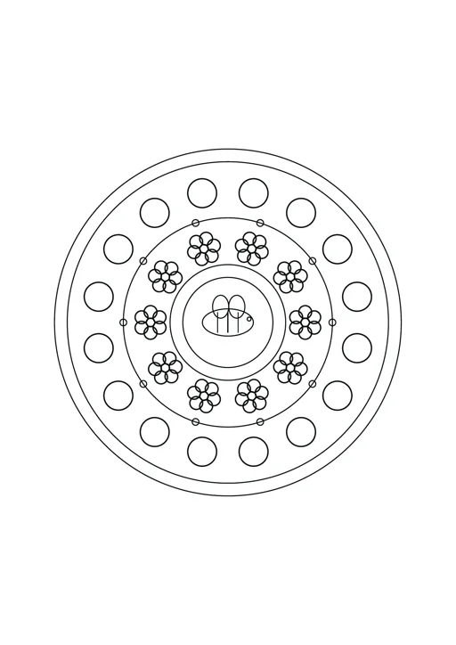 Mandala abeille et étoiles : dessin noir et blanc à colorier