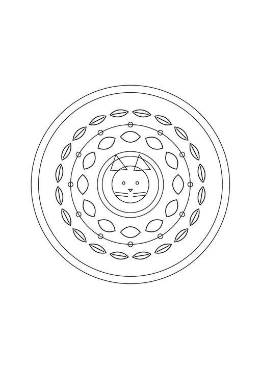 Mandala chat et pétales : dessin noir et blanc à colorier