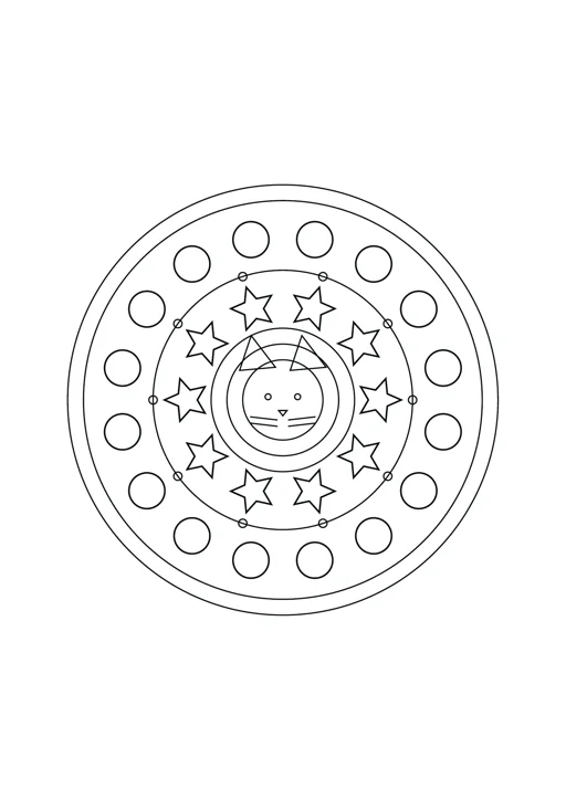 Mandala chat et étoiles : dessin noir et blanc à colorier