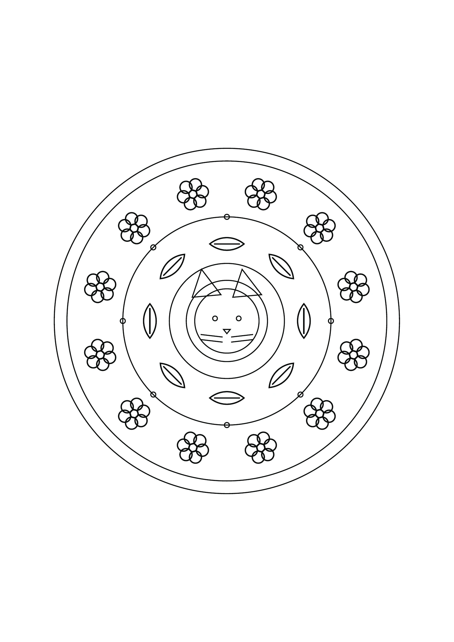 Mandala chat et feuilles : dessin noir et blanc à colorier