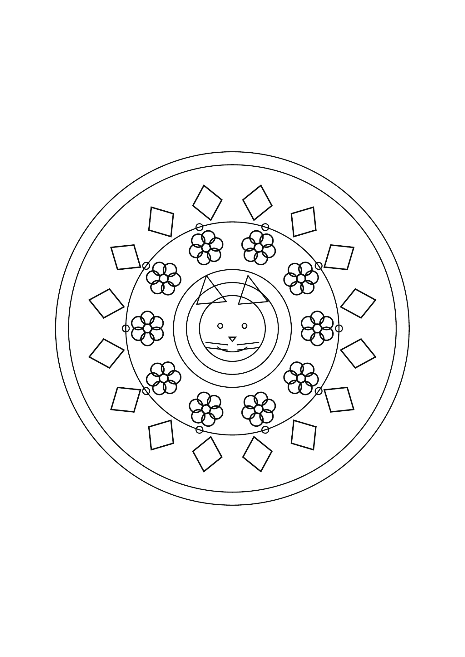 Mandala chat et fleurs : dessin noir et blanc à colorier