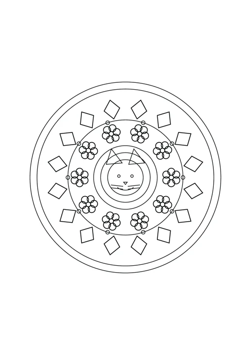 Mandala chat et fleurs : dessin noir et blanc à colorier