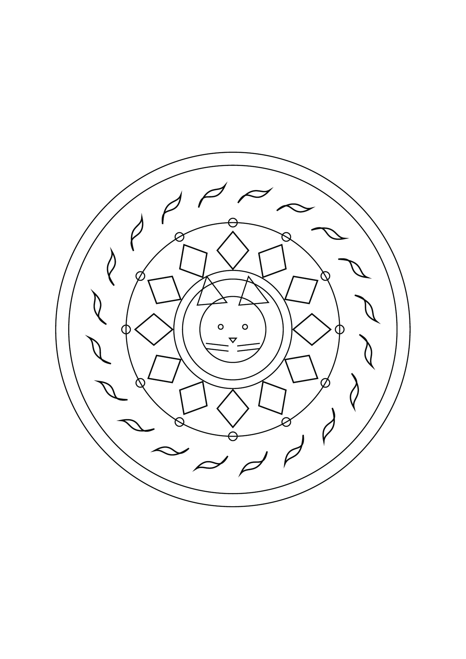 Mandala chat et losanges : dessin noir et blanc à colorier