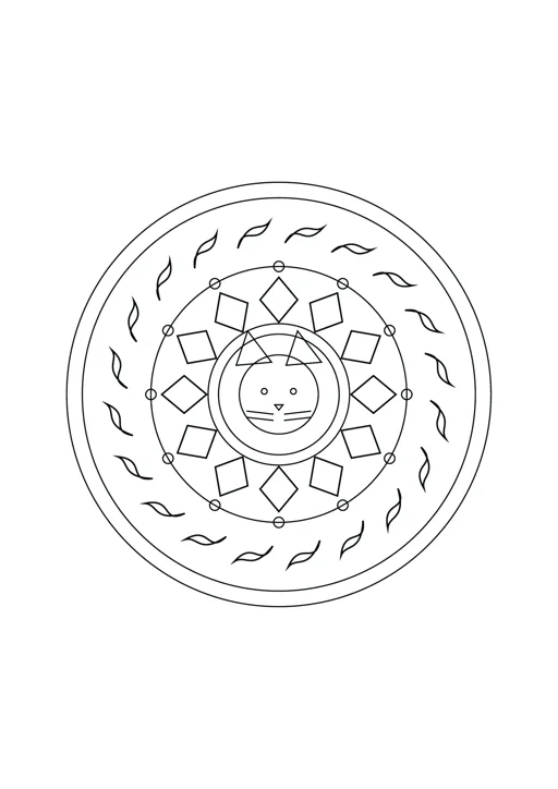 Mandala chat et losanges : dessin noir et blanc à colorier