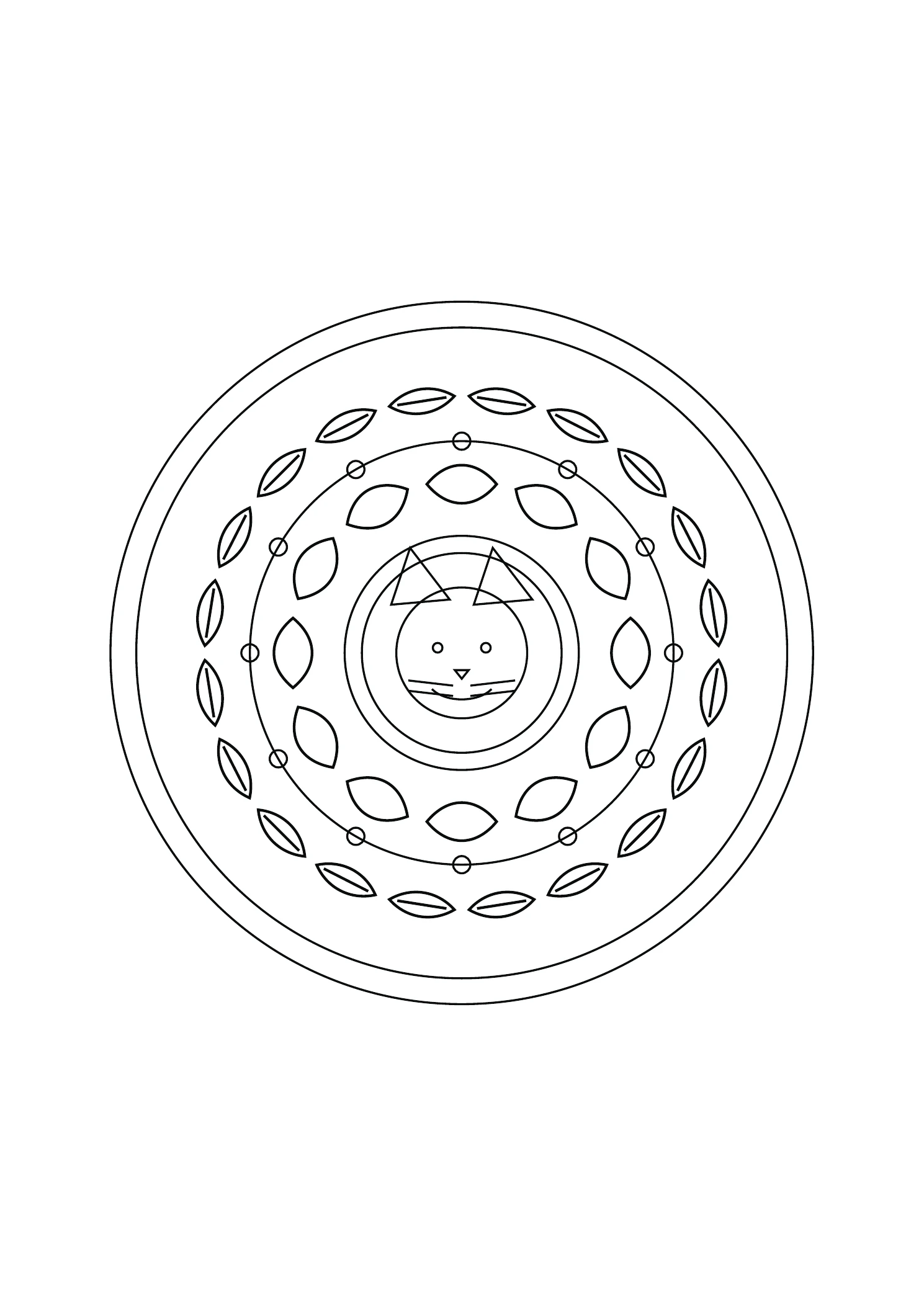 Mandala chat et pétales : dessin noir et blanc à colorier