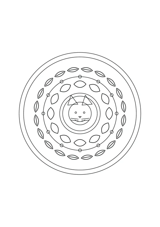 Mandala chat et pétales : dessin noir et blanc à colorier