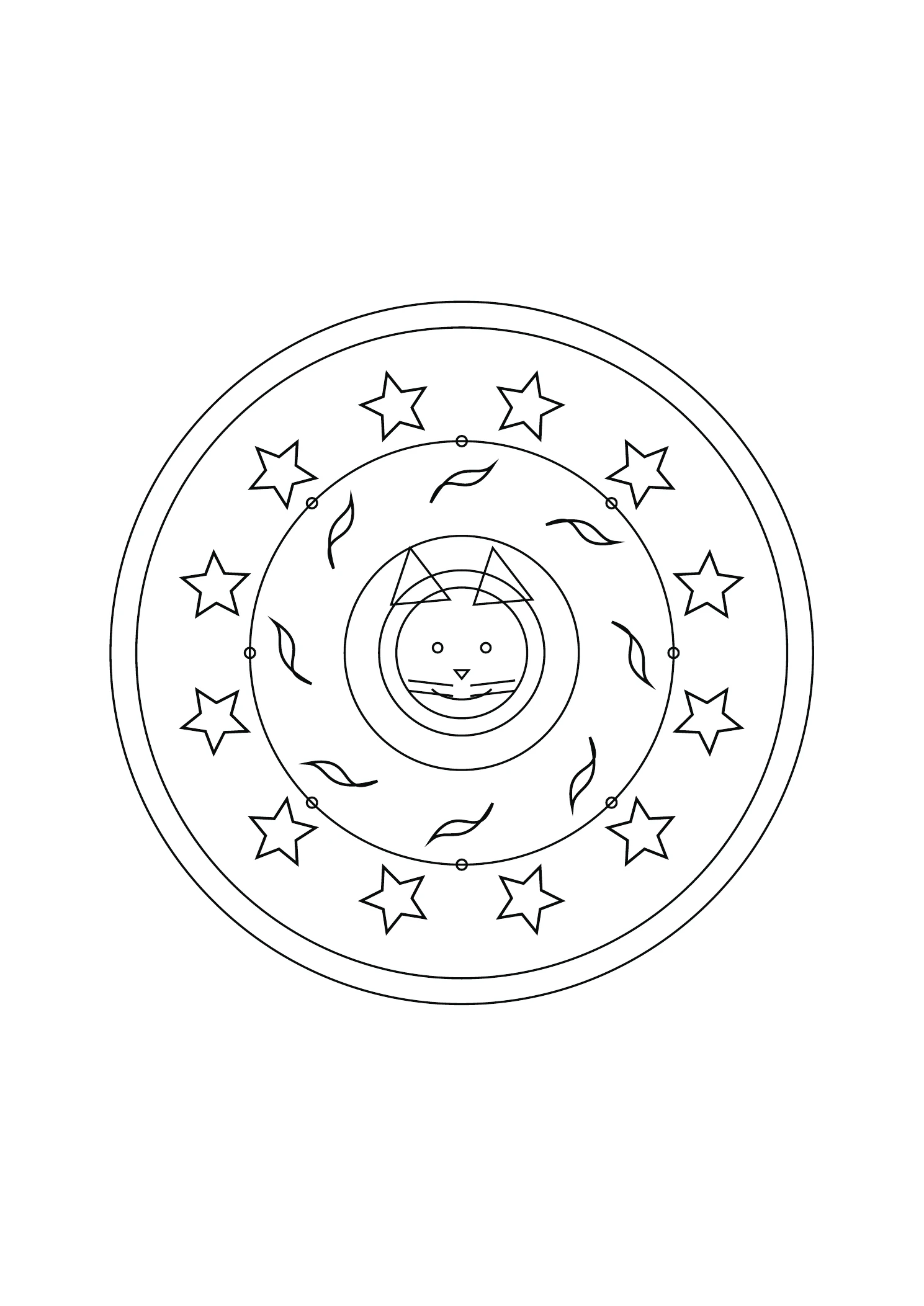 Mandala chat et vagues : dessin noir et blanc à colorier
