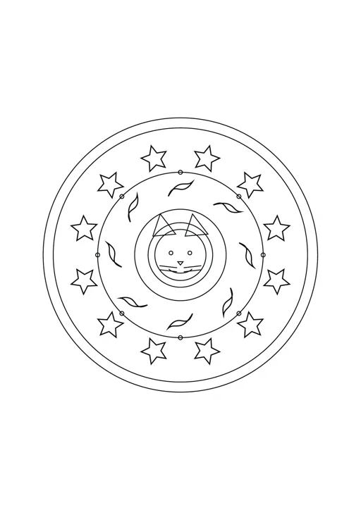 Mandala chat et vagues : dessin noir et blanc à colorier