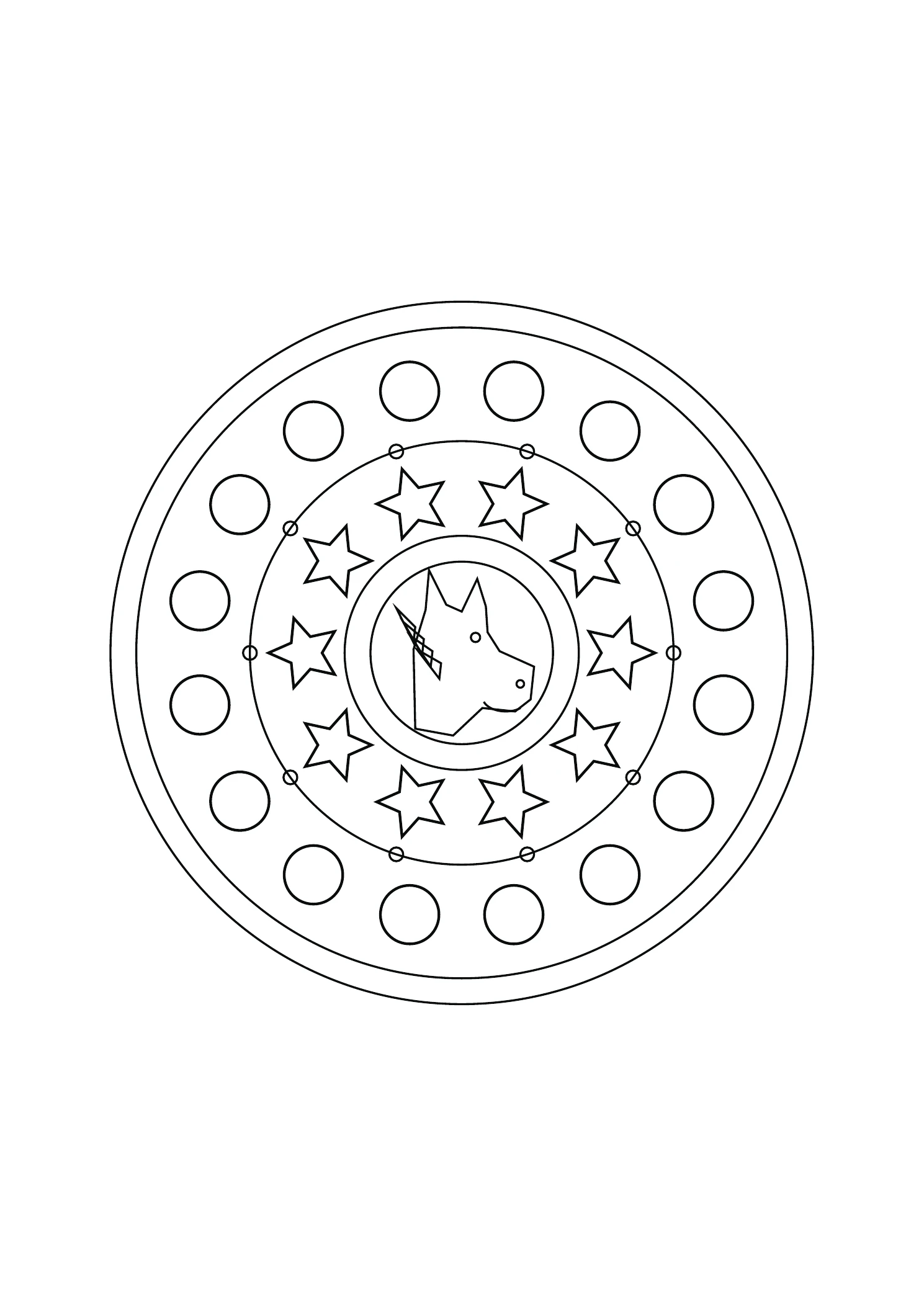 Mandala cheval et étoiles : dessin noir et blanc à colorier
