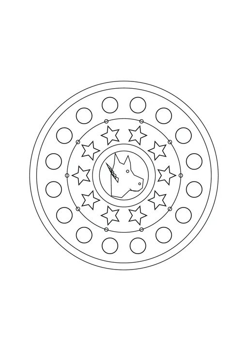 Mandala cheval et étoiles : dessin noir et blanc à colorier