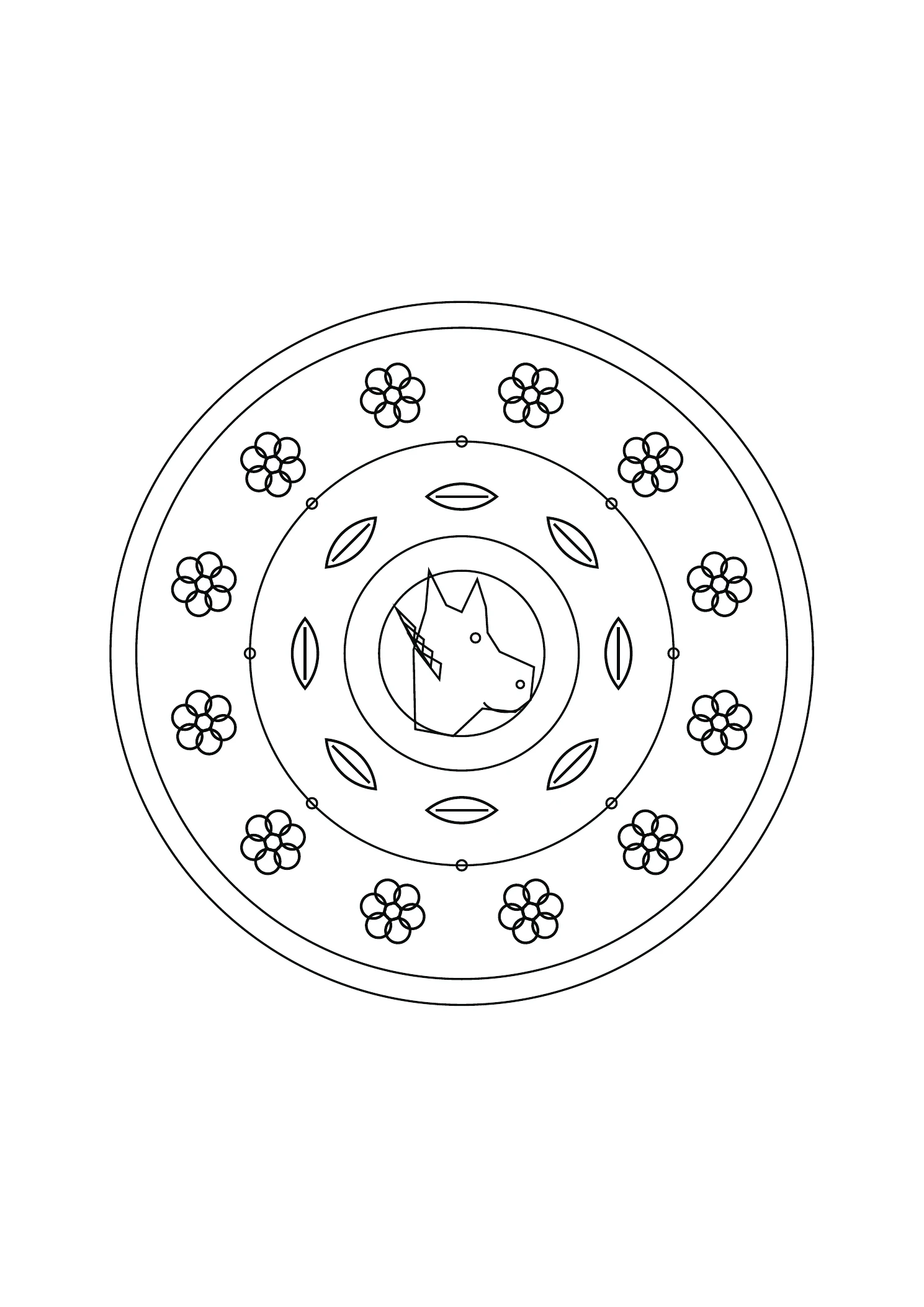 Mandala cheval et feuilles : dessin noir et blanc à colorier