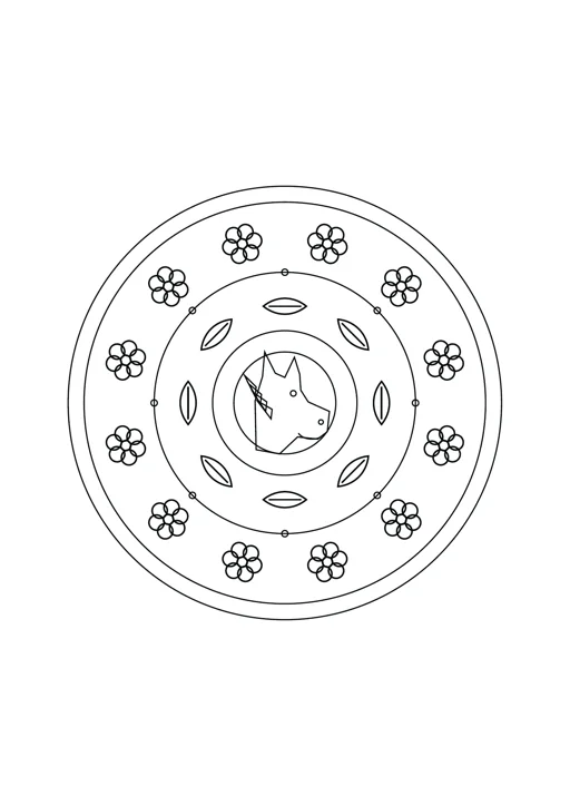 Mandala cheval et feuilles : dessin noir et blanc à colorier
