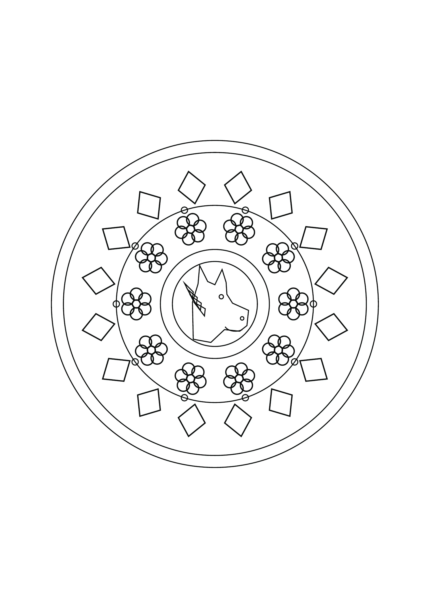 Mandala cheval et fleurs : dessin noir et blanc à colorier