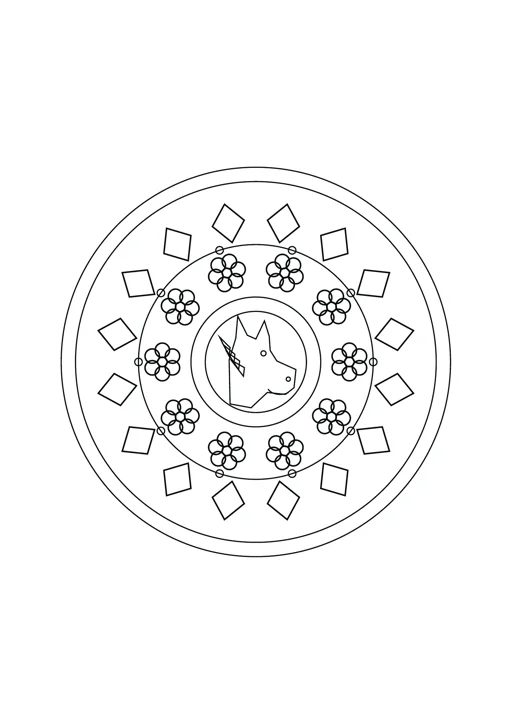 Mandala cheval et fleurs : dessin noir et blanc à colorier