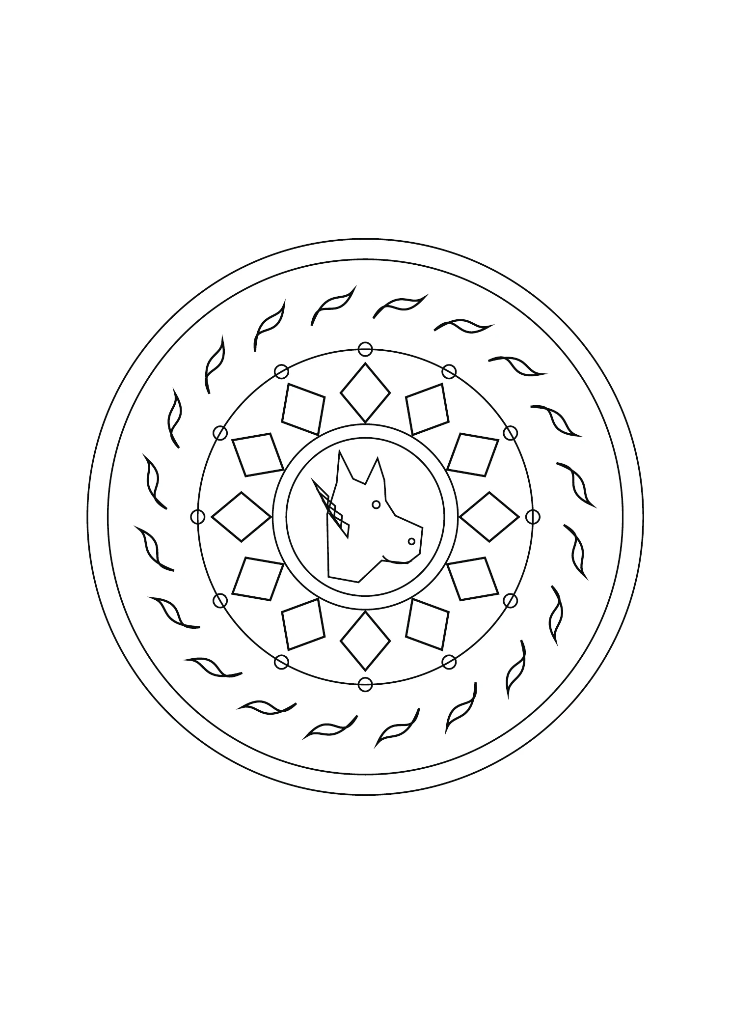 Mandala cheval et losanges : dessin noir et blanc à colorier