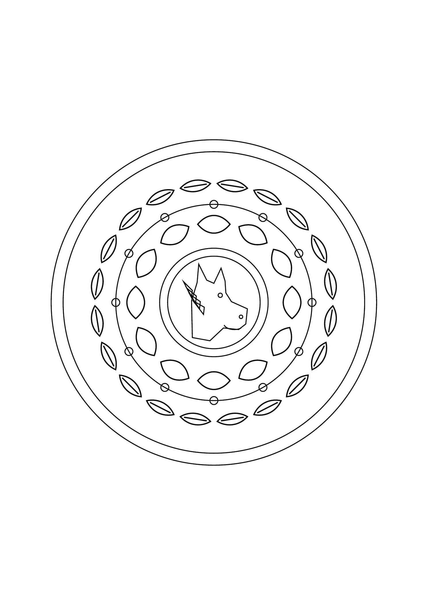 Mandala cheval et pétales : dessin noir et blanc à colorier