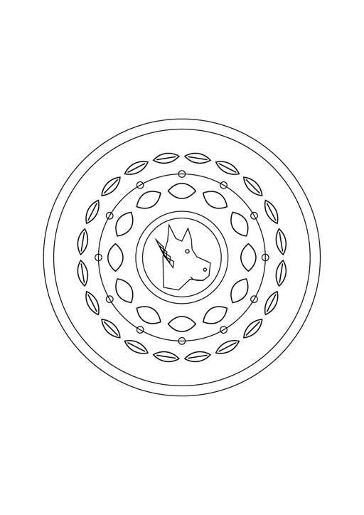 Mandala cheval et pétales : dessin noir et blanc à colorier