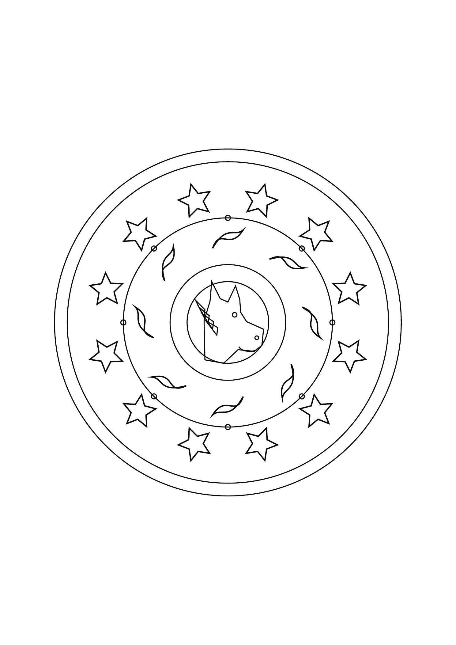 Mandala cheval et vagues : dessin noir et blanc à colorier