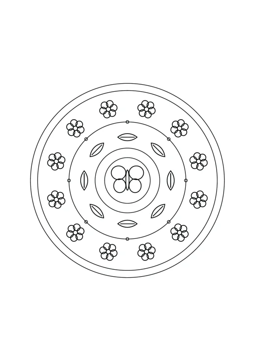 Mandala papillon et feuilles : dessin noir et blanc à colorier