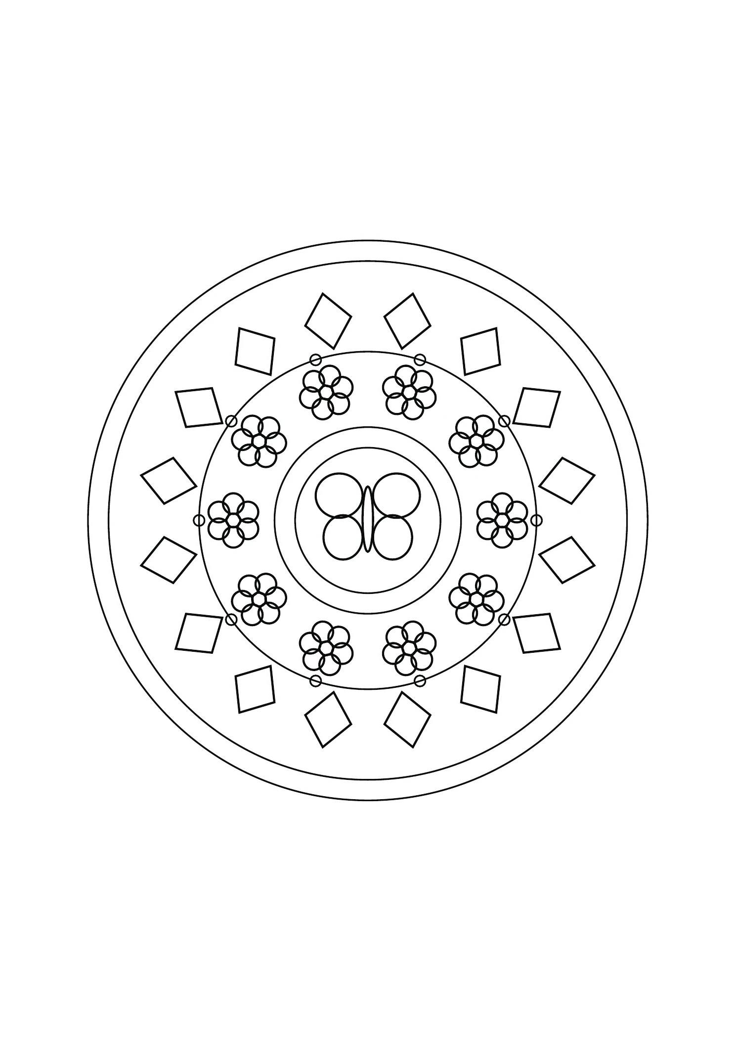 Mandala papillon et fleurs : dessin noir et blanc à colorier
