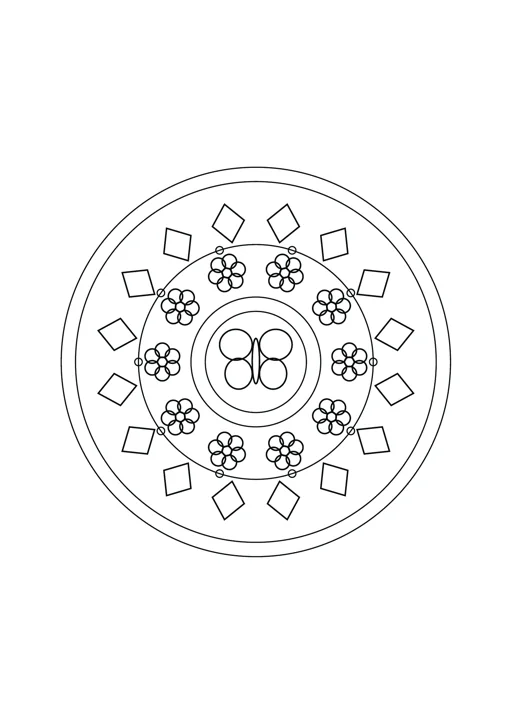 Mandala papillon et fleurs : dessin noir et blanc à colorier