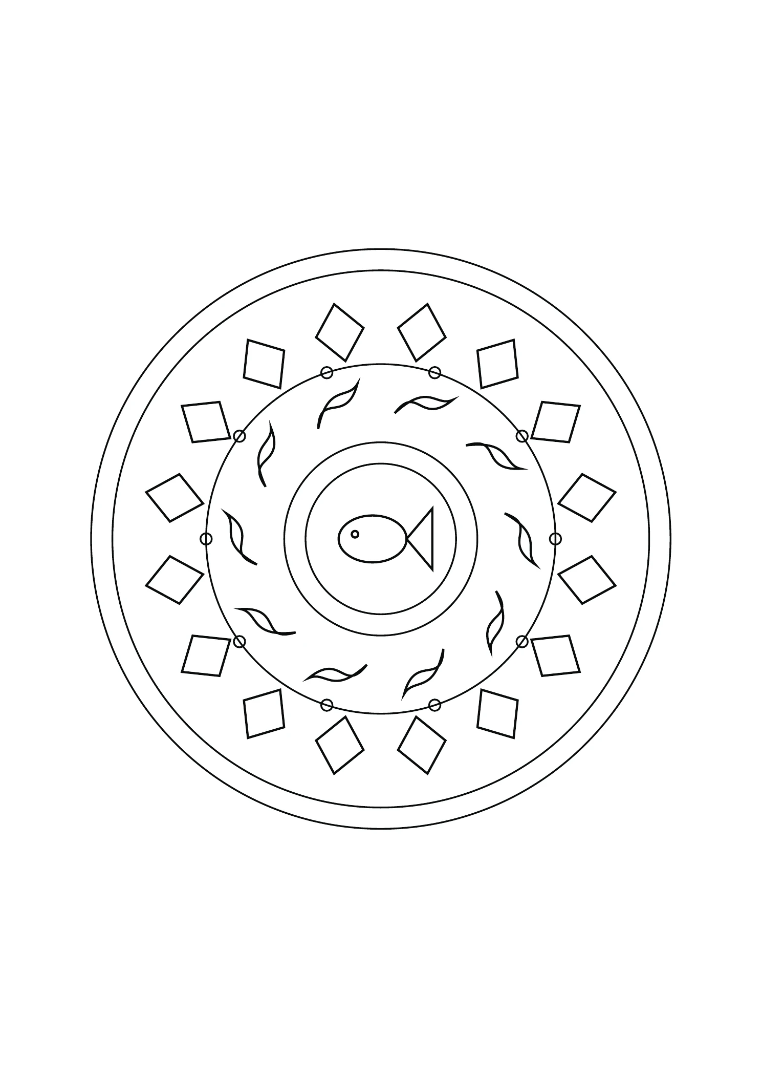 Mandala poisson et fleurs : dessin noir et blanc à colorier