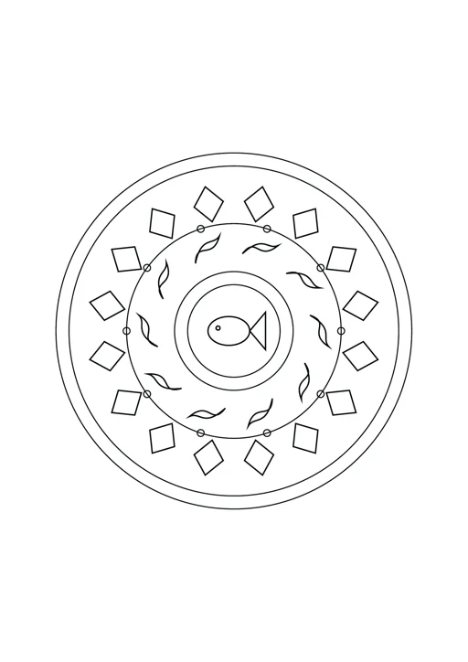 Mandala poisson et fleurs : dessin noir et blanc à colorier