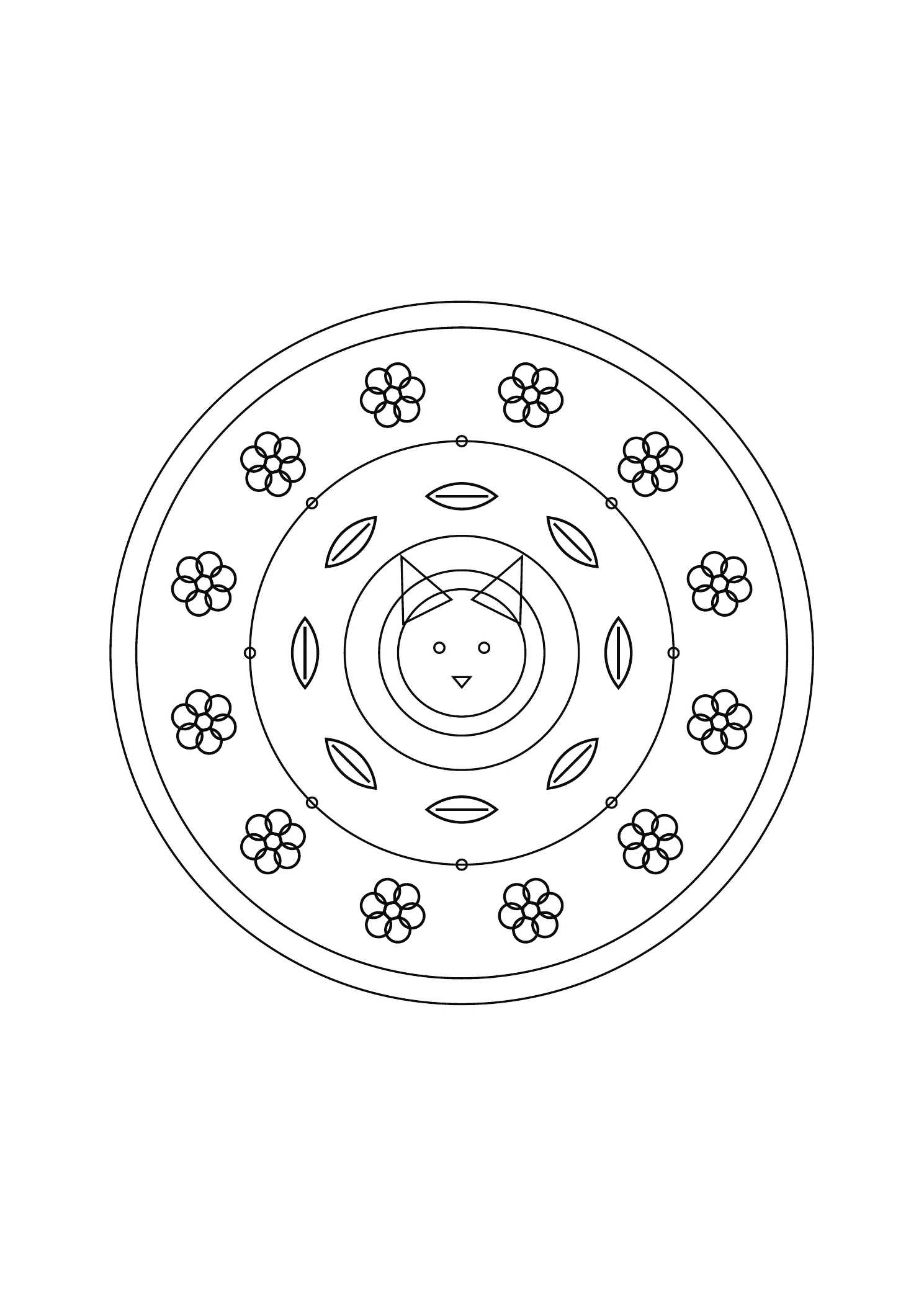 Mandala renard et feuilles : dessin noir et blanc à colorier
