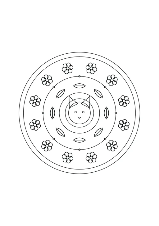 Mandala renard et feuilles : dessin noir et blanc à colorier