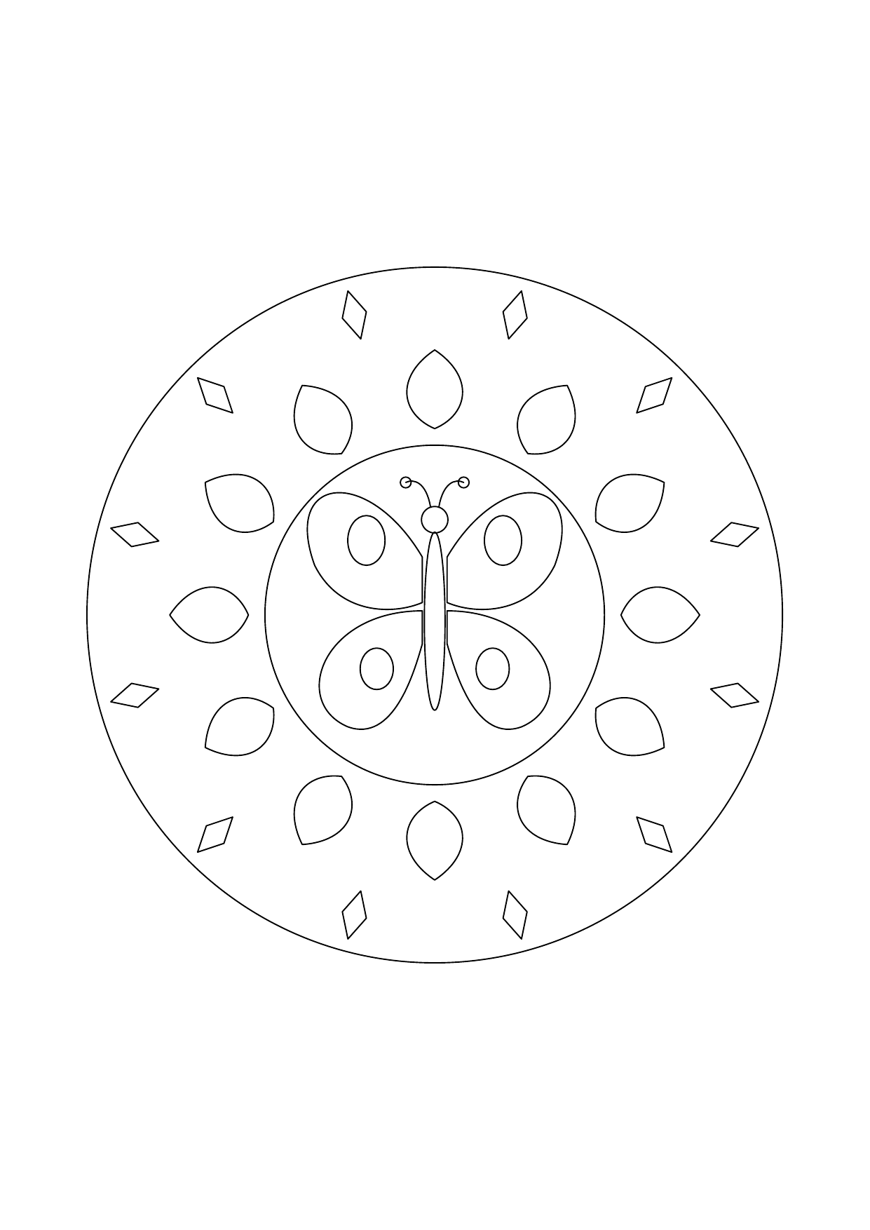Mandala papillon symétrique entouré de pétales et de petits losanges à colorier.