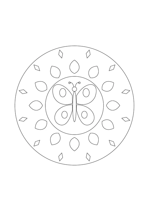Mandala papillon symétrique entouré de pétales et de petits losanges à colorier.