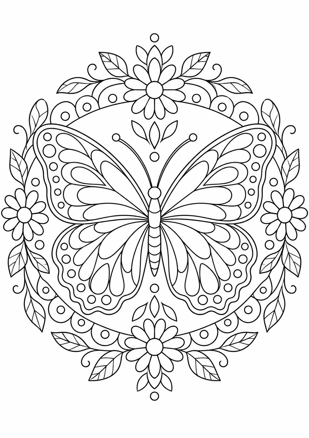 Mandala papillon du jardin : dessin au trait noir à colorier