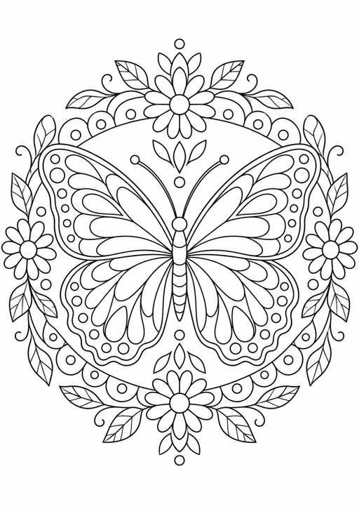 Mandala papillon du jardin : dessin au trait noir à colorier