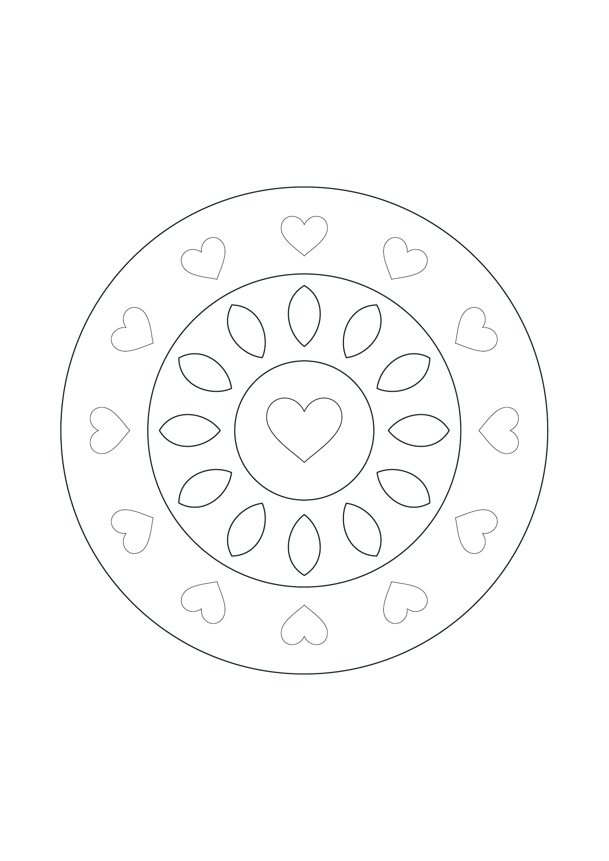 Mandala aux petits cœurs : feuille à colorier en noir et blanc