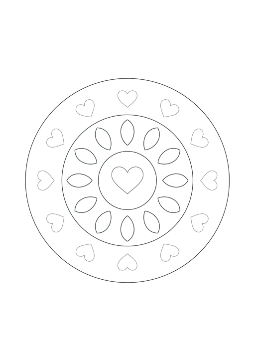 Mandala aux petits cœurs : feuille à colorier en noir et blanc
