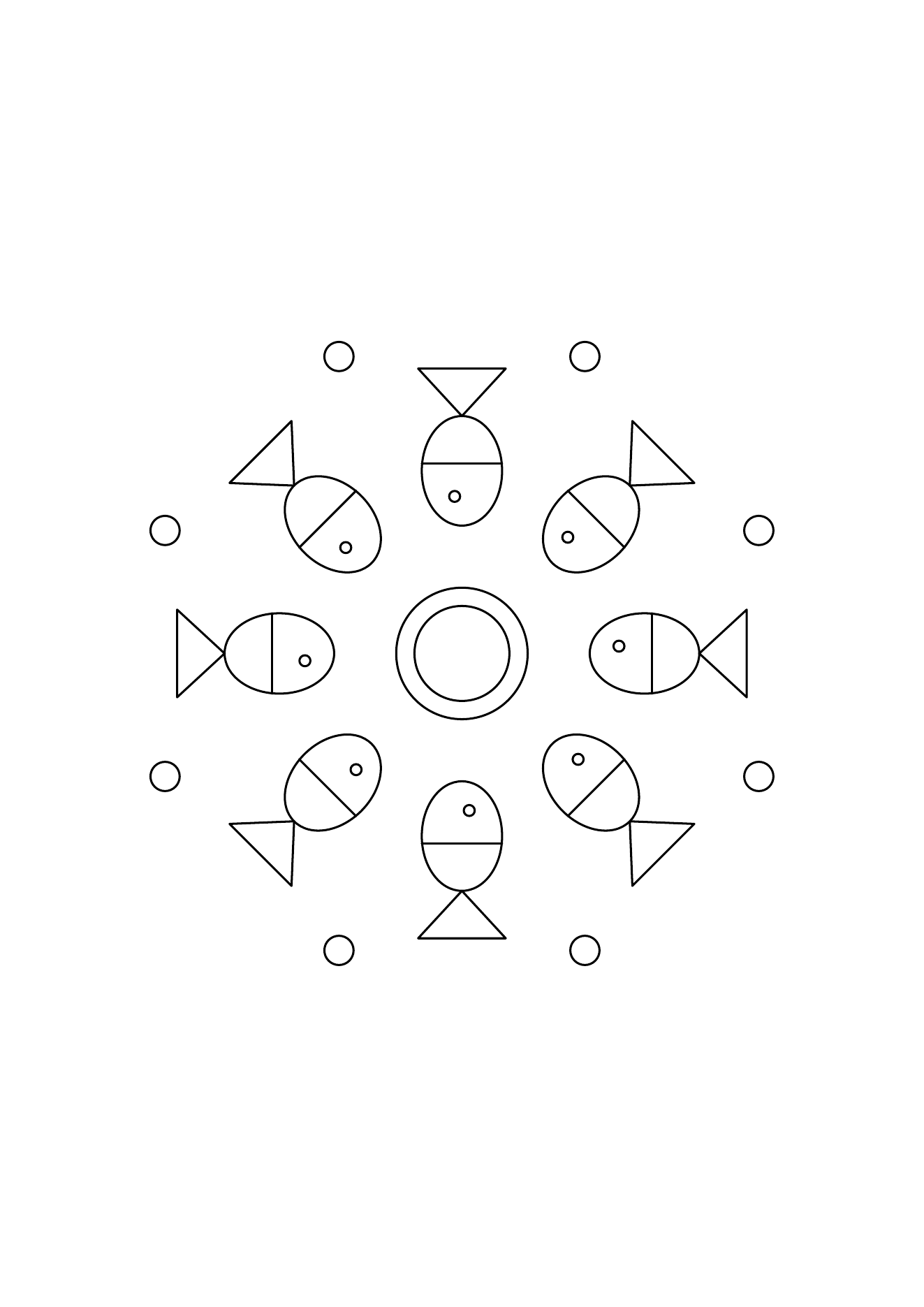 Mandala de petits poissons : dessin noir et blanc à colorier