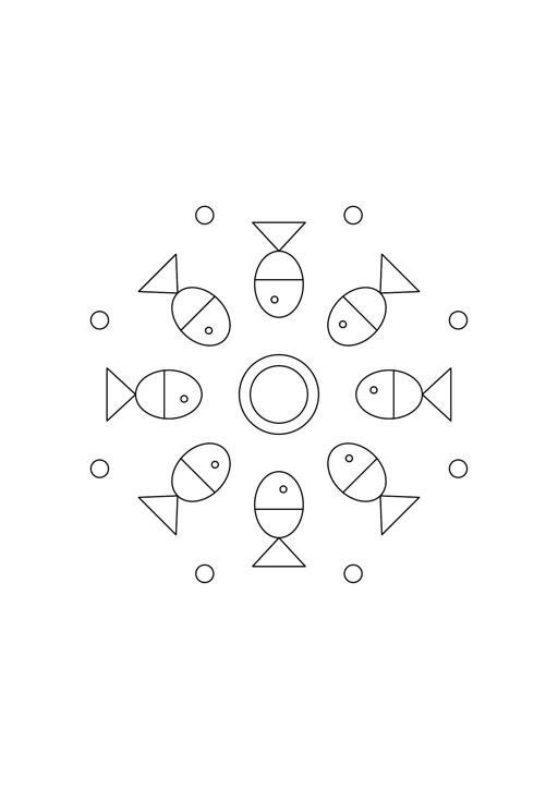 Mandala de petits poissons : dessin noir et blanc à colorier