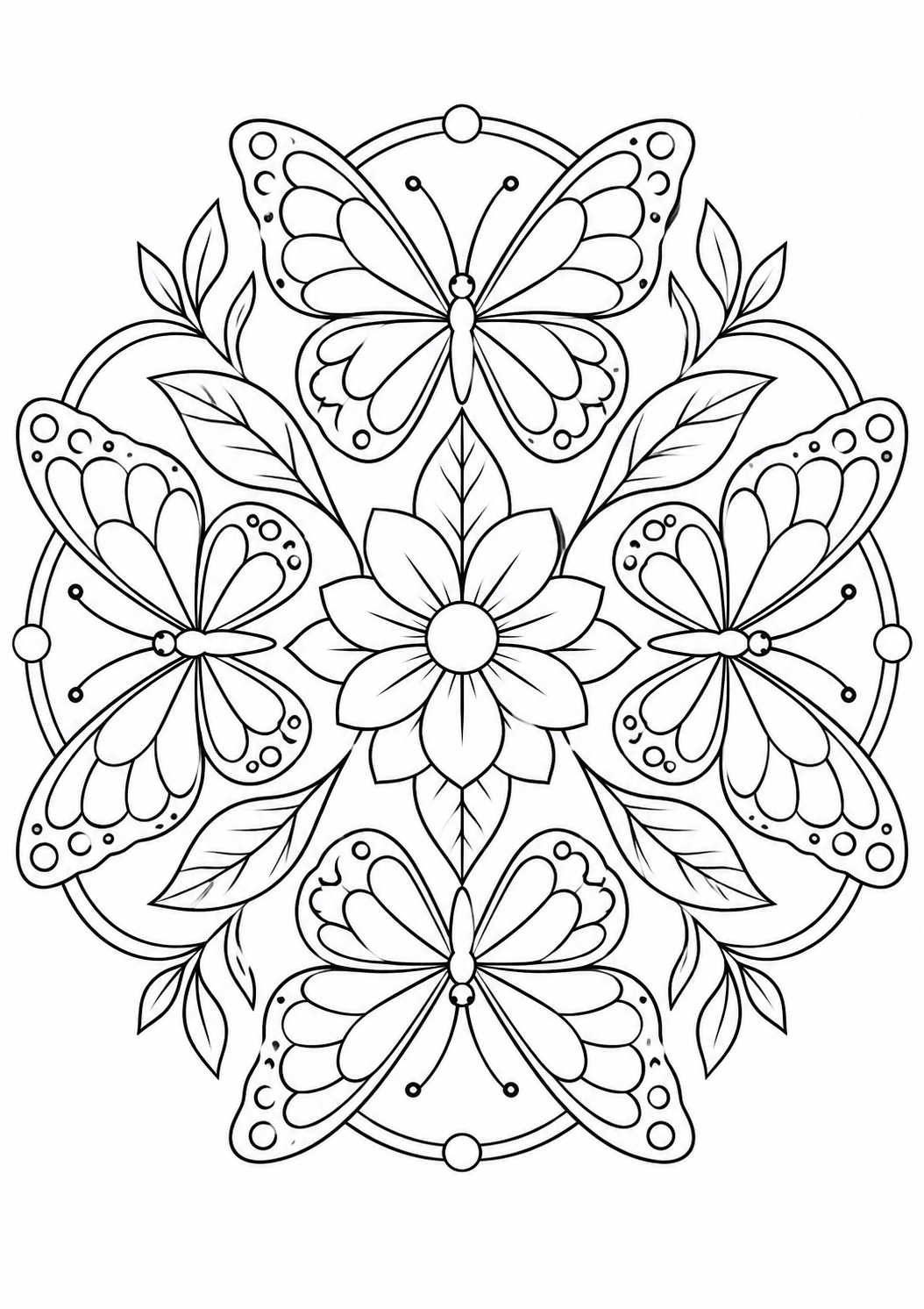 Mandala ronde de papillons : dessin au trait noir à colorier