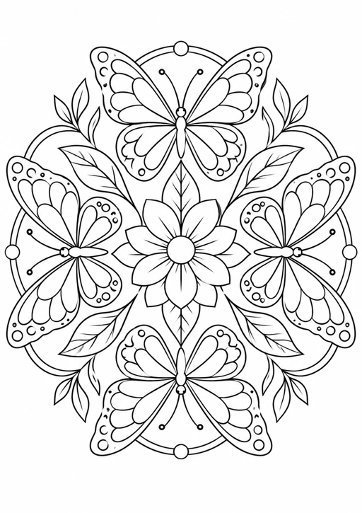 Mandala ronde de papillons : dessin au trait noir à colorier