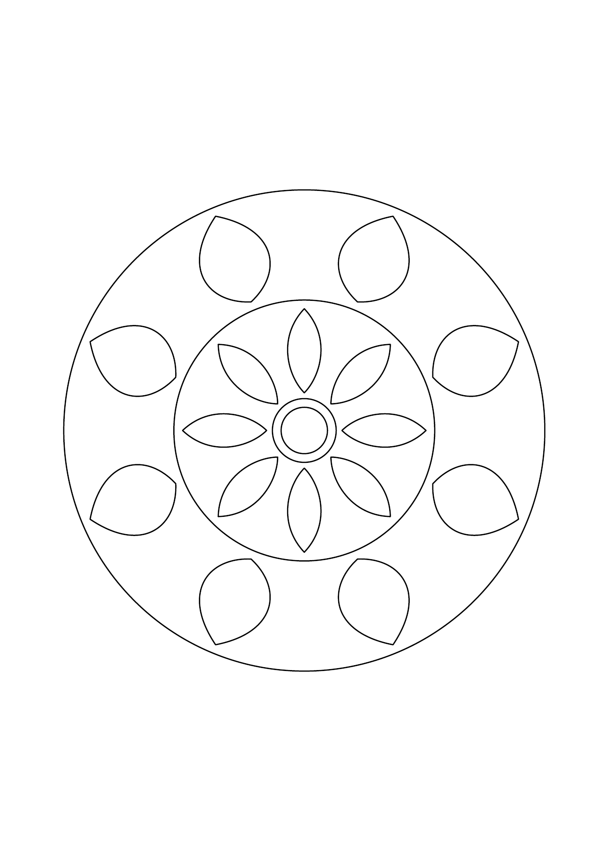 Mandala simple avec un cercle central et deux couronnes de grands pétales à colorier.