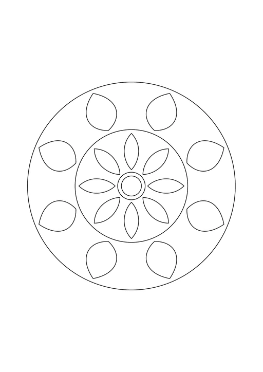 Mandala simple avec un cercle central et deux couronnes de grands pétales à colorier.