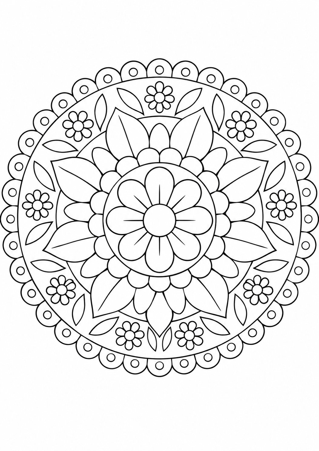 Mandala rosace végétale : dessin au trait noir à colorier