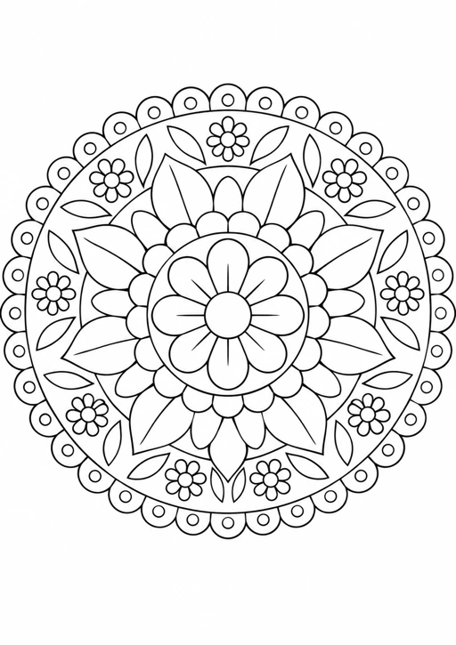 Mandala rosace végétale : dessin au trait noir à colorier