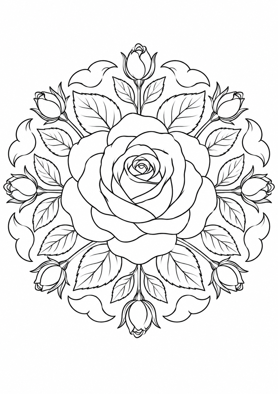 Mandala rose botanique : dessin au trait noir à colorier