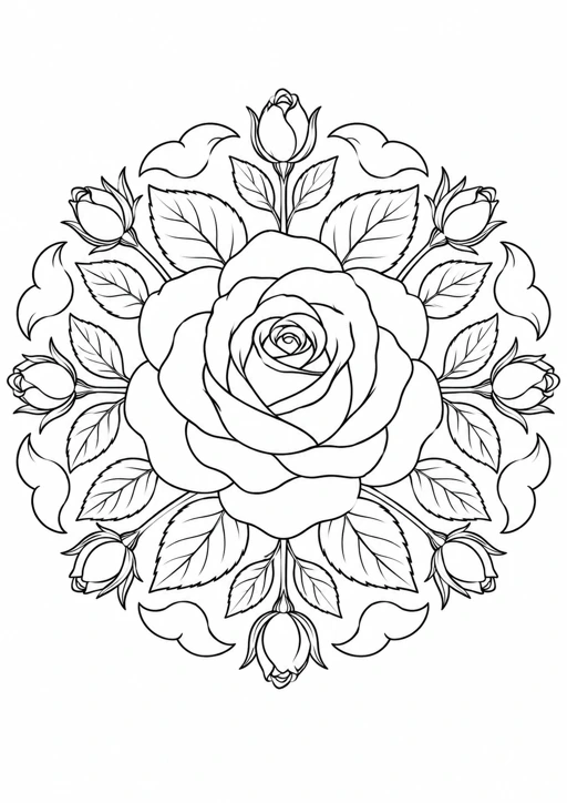 Mandala rose botanique : dessin au trait noir à colorier