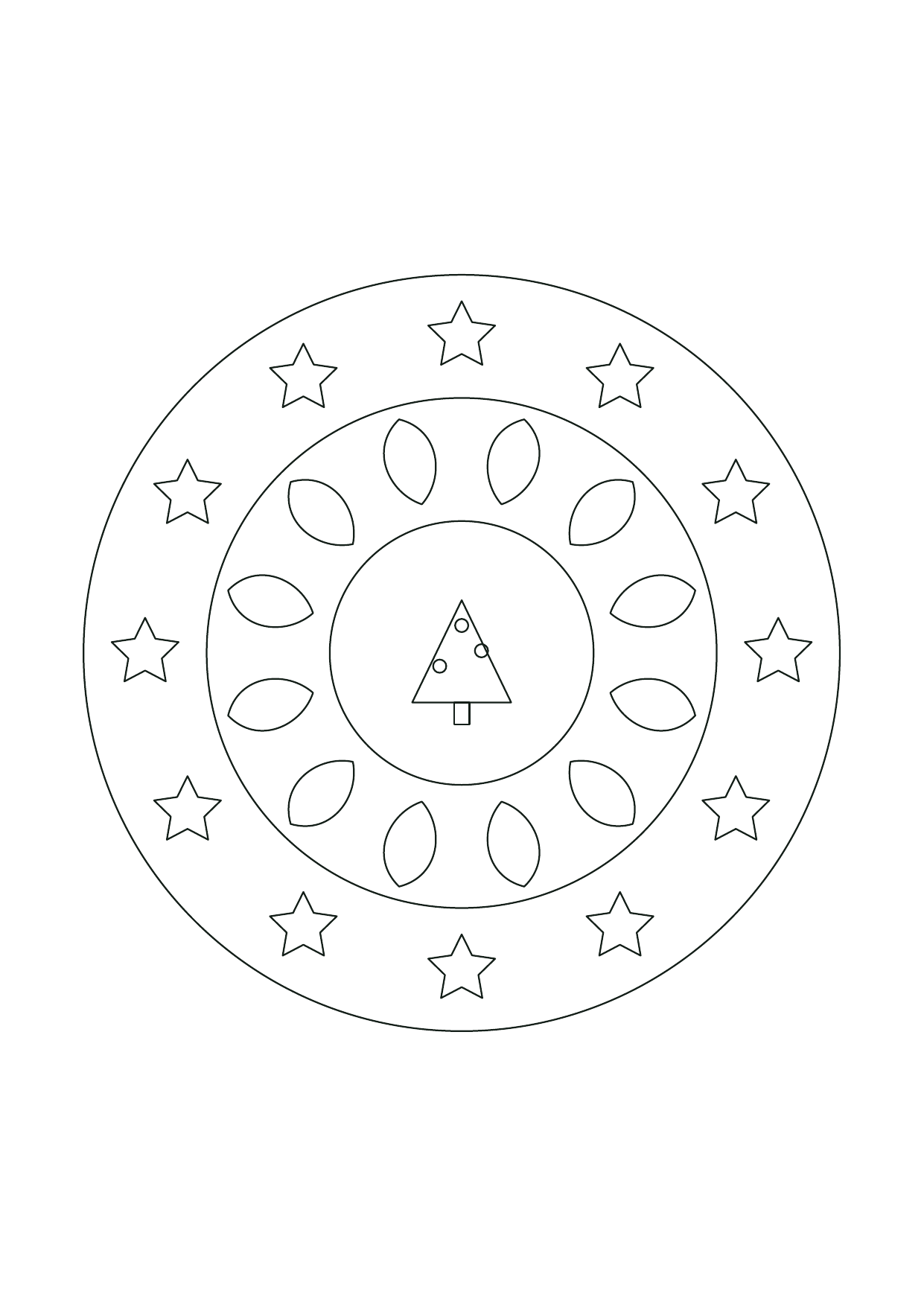 Mandala sapin de Noël : feuille à colorier en noir et blanc
